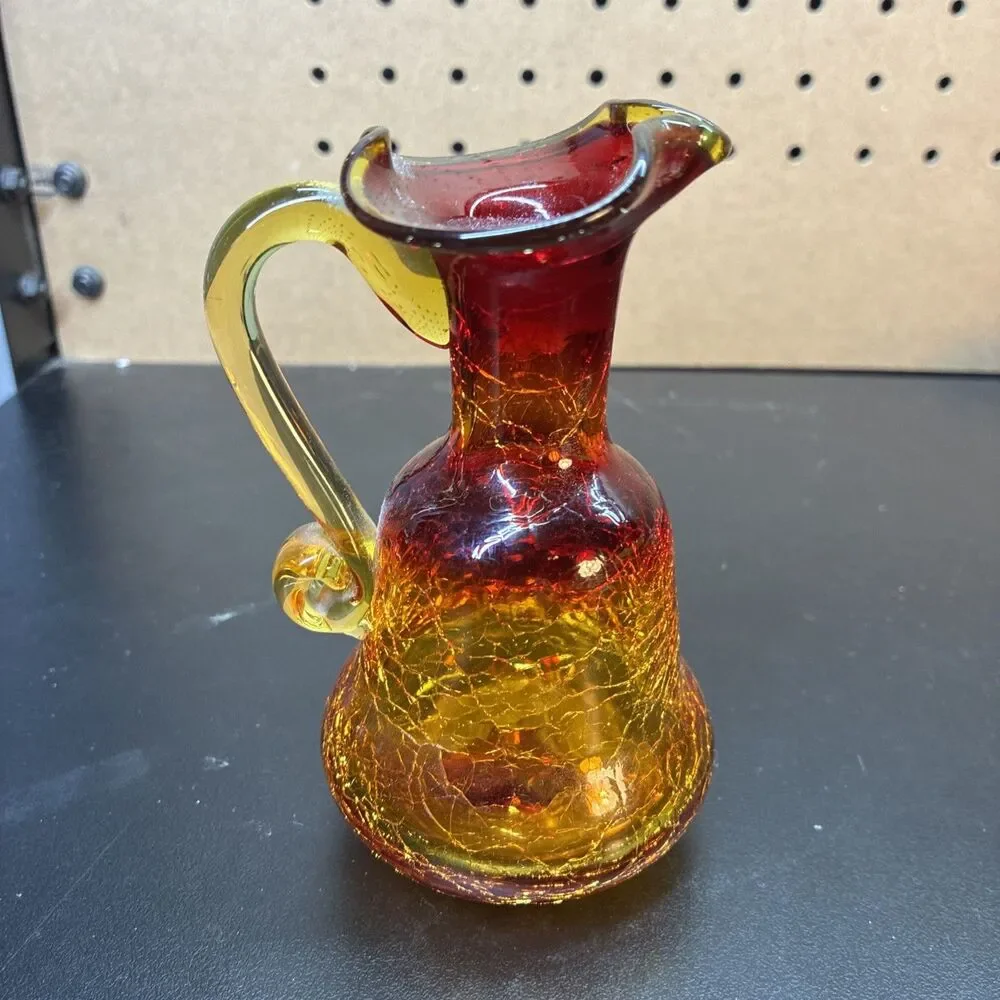 Vintage Amberina Crackle Glass Ruby Red Orange Cruet Pitcher  With Stopper